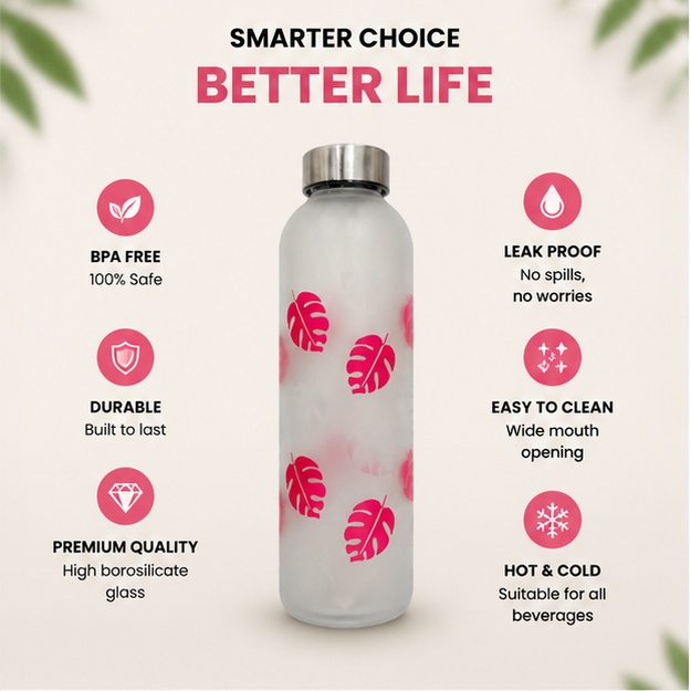 Neuversal Glass Water Bottle 500ml Frosted Leaf Design - Image 3
