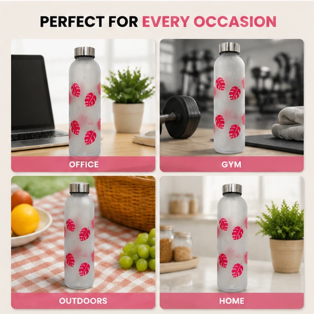 Neuversal Glass Water Bottle 500ml Frosted Leaf Design - Image 2
