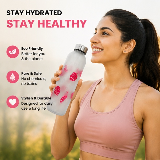 Neuversal Glass Water Bottle 500ml Frosted Leaf Design - Image 4