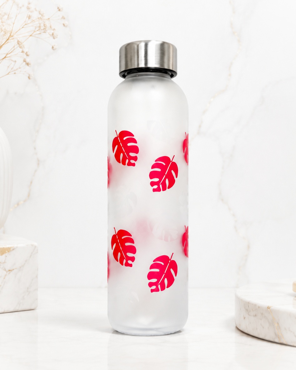 Neuversal Glass Water Bottle 500ml Frosted Leaf Design - Image 5