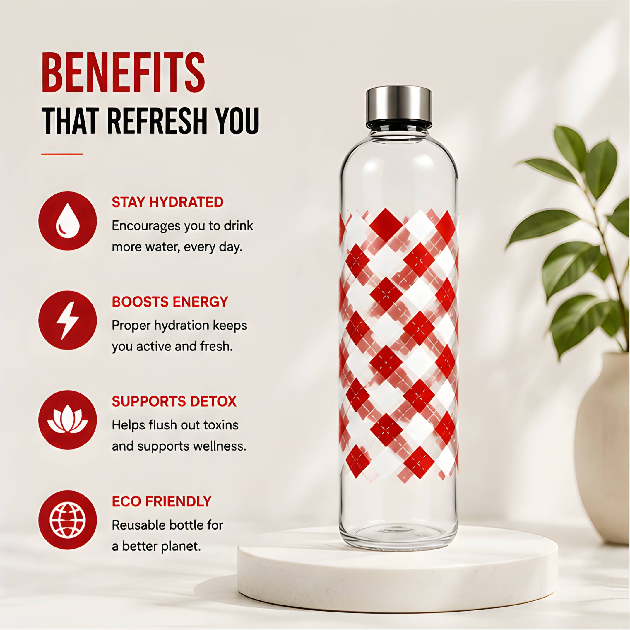 Neuversal Red Checkered Borosilicate Glass Water Bottle 1 L - Image 3