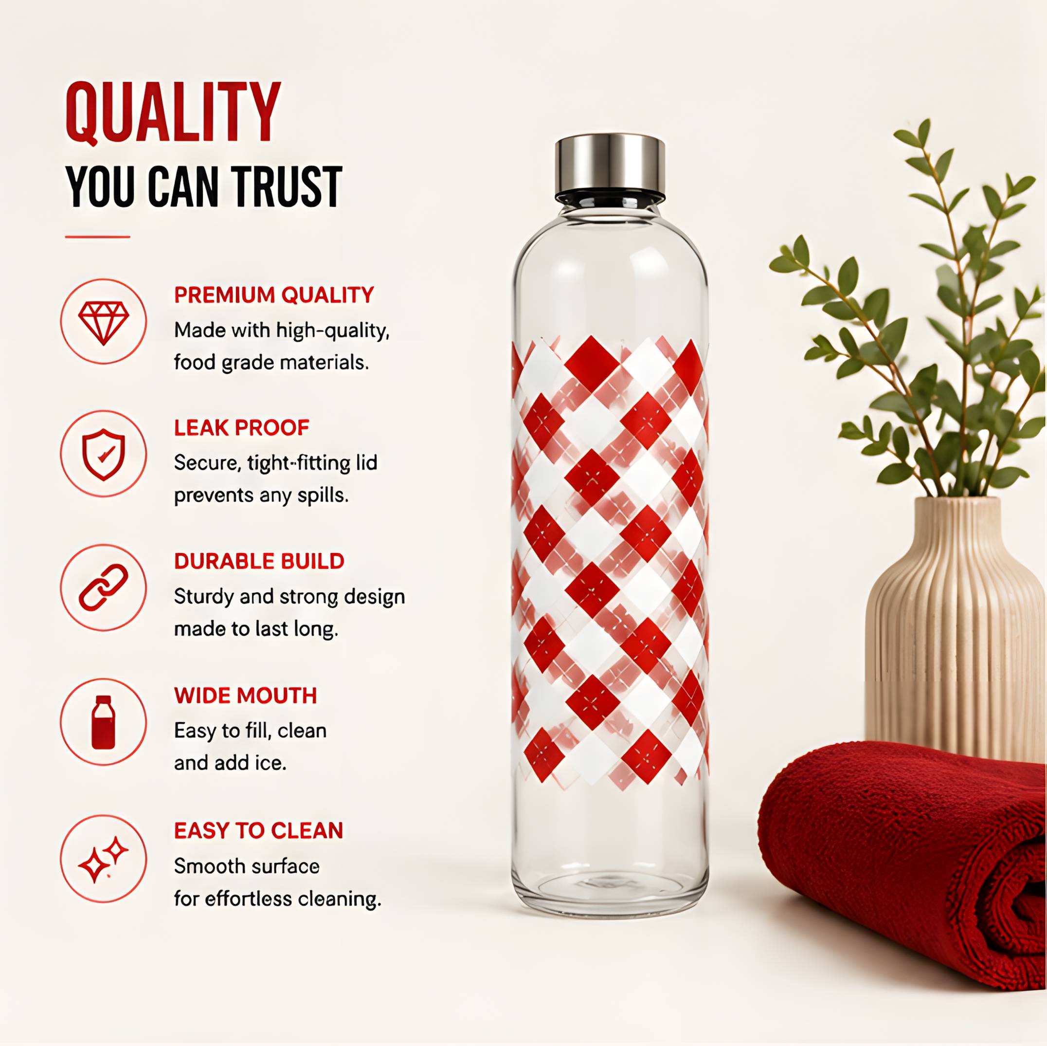 Neuversal Red Checkered Borosilicate Glass Water Bottle 1 L - Image 2