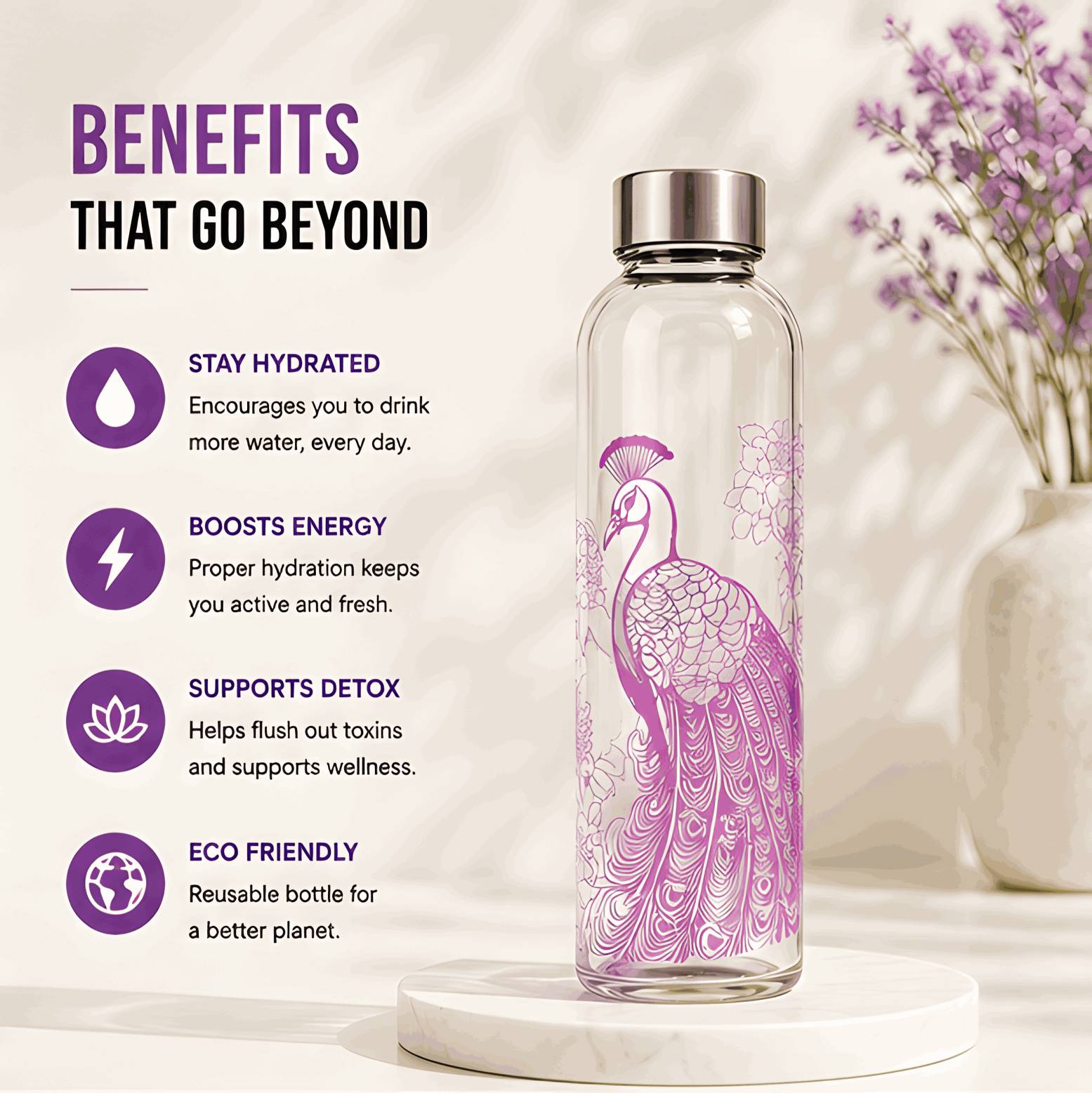 Neuversal Pink Peacock Printed Glass Water Bottle 500 ml - Image 2
