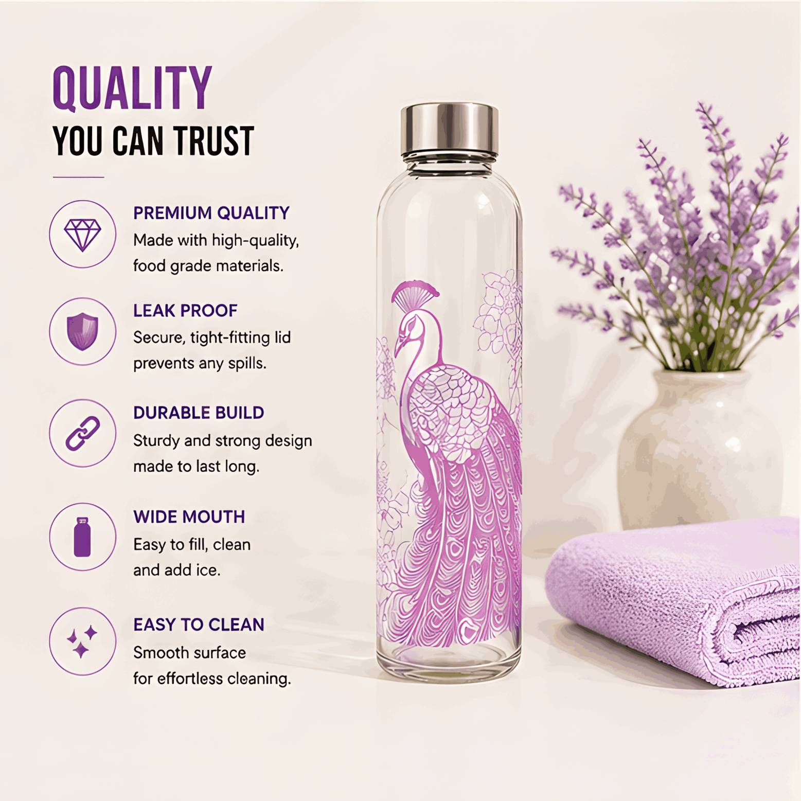 Neuversal Pink Peacock Printed Glass Water Bottle 500 ml - Image 4
