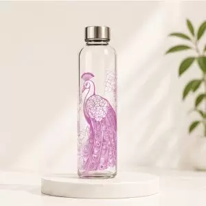 Neuversal Pink Peacock Printed Glass Water Bottle 500 ml