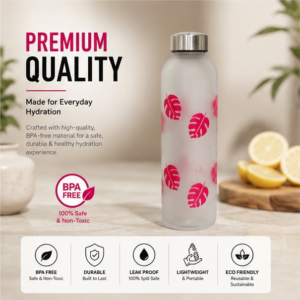 Neuversal Glass Water Bottle 500ml Frosted Leaf Design - Image 6