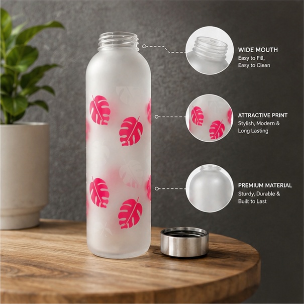 Neuversal Glass Water Bottle 500ml Frosted Leaf Design - Image 8