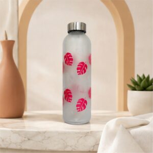 Neuversal Glass Water Bottle 500ml Frosted Leaf Design