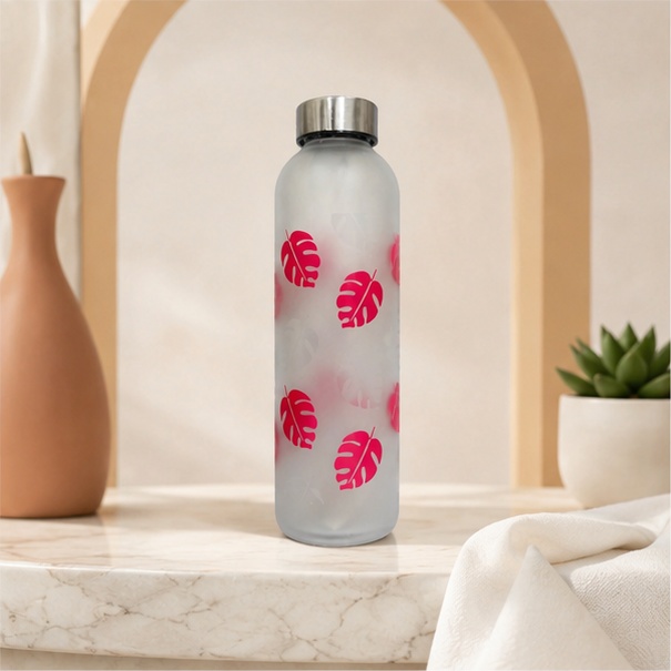 Neuversal Glass Water Bottle 500ml Frosted Leaf Design